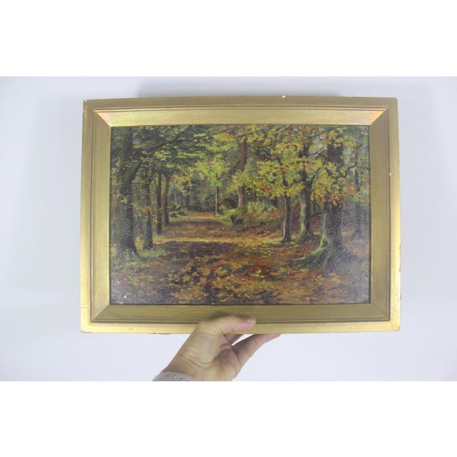 Wood Antique Signed Oil Painting Impressionist Fall Landscape With Trees and Laneway For Sale - Image 7 of 11