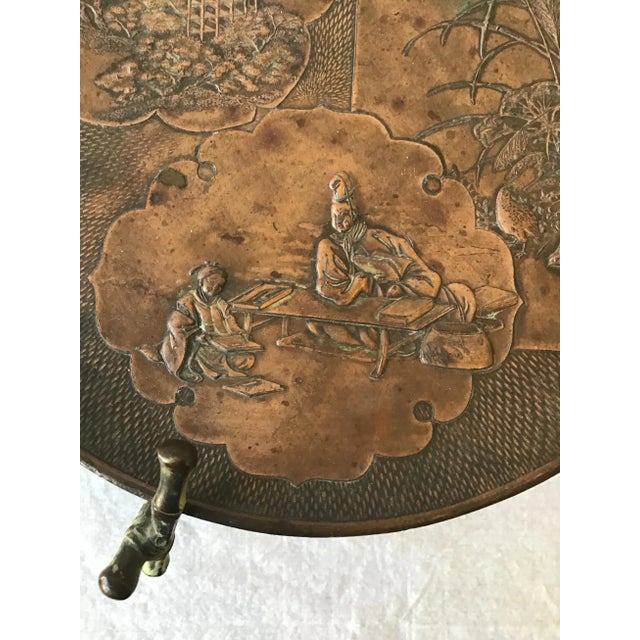 Copper 1920s Copper Stamped Dish Or Disc With Patina On Copper Faux Bamboo Stand For Sale - Image 8 of 10
