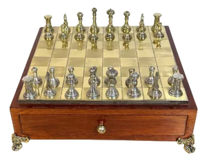 Neoclassical French Gilt & Silvered Bronze Complete Table Top Boxed Chess Set
