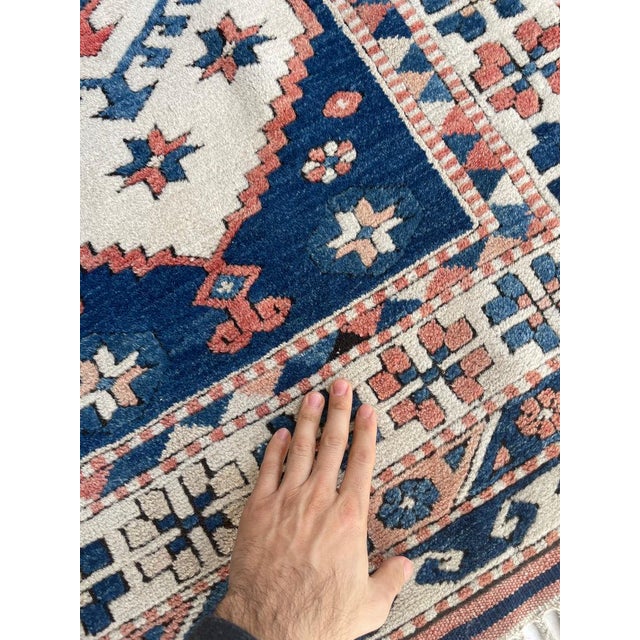 Textile Vintage Turkish Navy, Blush, Apricot, Soft Salmon, Beige with Braided Fringe Rug 3.5 x 5.8 For Sale - Image 7 of 10