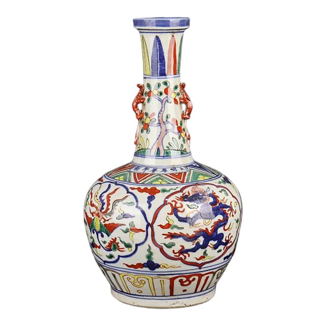 Chinese Vintage Ceramic Vase,Ming Dynasty Wanli Marked Blue and White Doucai Porcelain Dan Ping Vase Hand Painted Dragon Phoenix Pattern For Sale