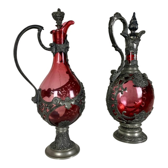 19th Century Pewter and Cranberry Glass Clarets For Sale