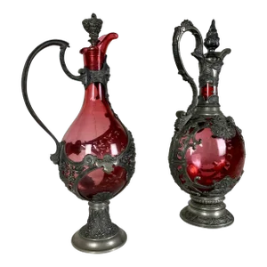 19th Century Pewter and Cranberry Glass Clarets