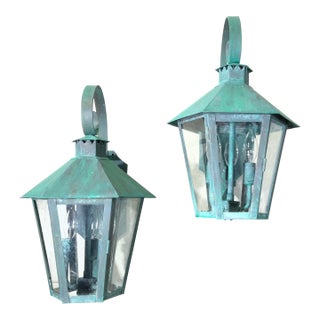 Vintage Solid Copper & Brass Outdoor Lantern Sconces / 18”h X 11”w X 12”d For Sale