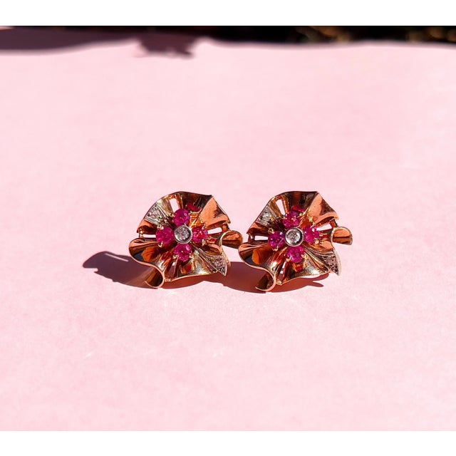 Rose Retro 1940s Old European Cut Diamond & Ruby Screw Back Earrings, Non-Pierced For Sale - Image 8 of 10