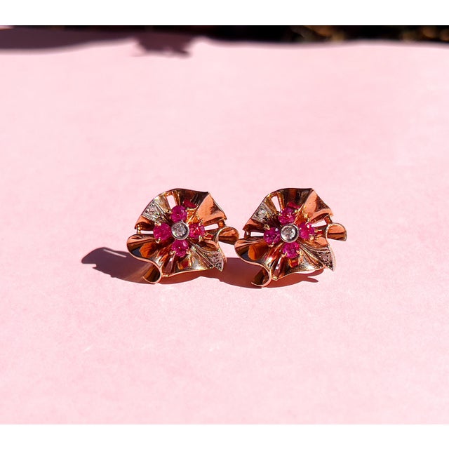 Rose Retro Old European Cut Diamond and Ruby Screw Back Earrings For Sale - Image 8 of 10