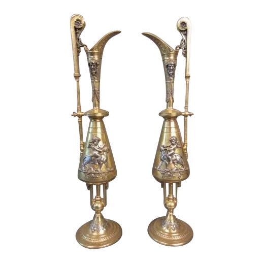 Pair of 19th Century Gilt and Silver Over Bronze Figural Urns For Sale