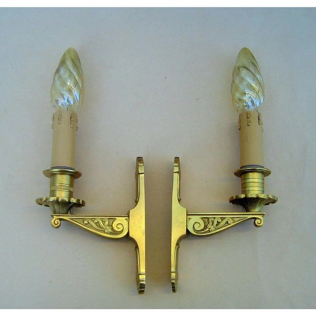 Pair c 1950's French Empire style Gold Bronze Small Wall Sconces Signed and Documented by Maison Bagues Paris. Lovely...