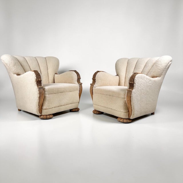 Art Deco Danish Scallop Back Oak and Sherpa Wool Armchairs, 1930s, Set of 2 For Sale - Image 13 of 13