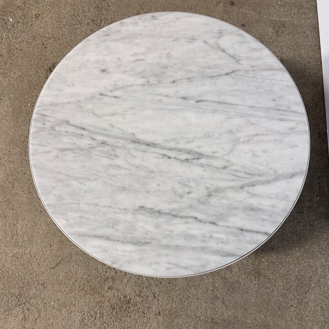 2010s Ferm Living Round Carrara Marble + White Metal Coffee Table/ Side Table For Sale - Image 5 of 12