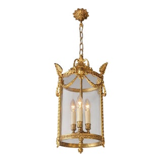 Antique French Lantern Chandelier Louis XVI Style Brass and Glas Gold Handmade For Sale