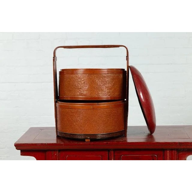 Chinese Chinese Red Lunch Basket with Carved Handle For Sale - Image 3 of 13