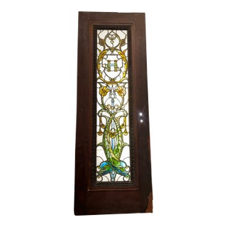 Original 1890s John La Farge Stained Glass Door – Scroll Within Shield, Dolphins & Pomegranates Motif For Sale