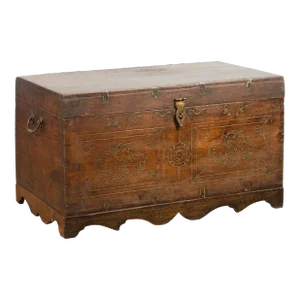 Indian Vintage Wedding Chest with Brass Foliage Décor and Multiple Compartments