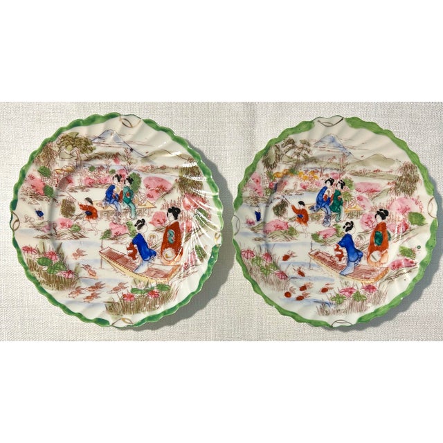 1920’s Antique Japanese Chinoiserie Hand Painted Traditional Geisha Girl & Pagoda Plates & Small Bowls - A 17 Piece Set For Sale - Image 10 of 11