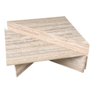 Large Italian Brutalist Geometric Travertine Coffee Tables from Up & Up, Set of 2 For Sale
