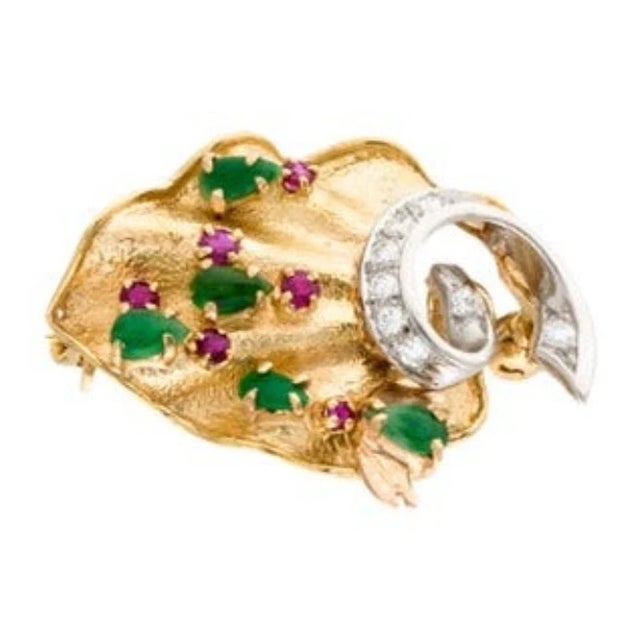 Traditional 18K Yellow White Gold Diamond Ruby Green Jadeite Brooch Pin Antique Estate For Sale - Image 3 of 3