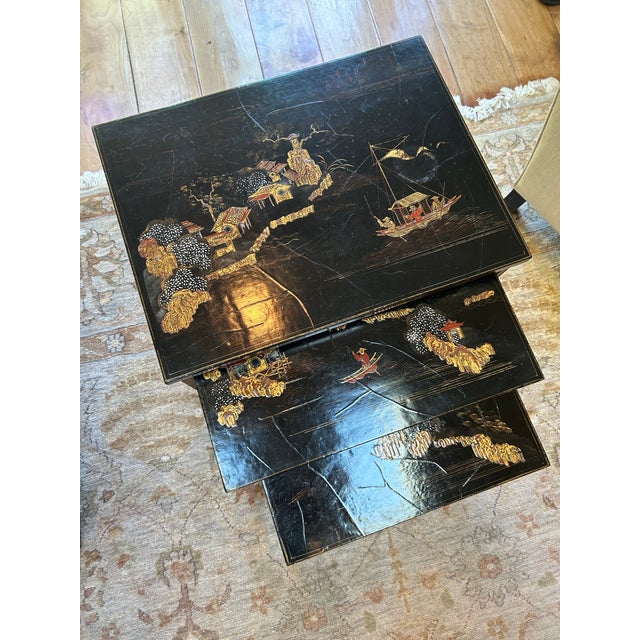 Chinoiserie Set of Three (3) Raised Chinoiserie Nesting Tables For Sale - Image 3 of 4