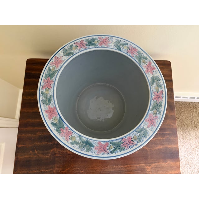 Late 20th Century Vintage Chinoiserie Blue, Pink & Green Floral Ceramic Fishbowl Planter For Sale - Image 5 of 10