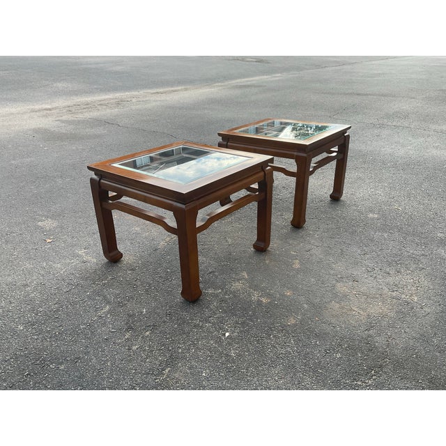 Pair of Mid 20th century Chinese Chippendale Elegance – Vintage Hardwood & Beveled Glass End Tables For Sale - Image 11 of 12