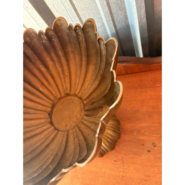 Metal Large Vintage Scalloped Ribbed Brass Pedestal Compote Bowl For Sale - Image 7 of 11