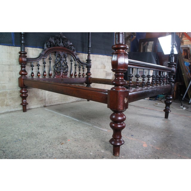 Brown Antique Anglo Indian Colonial Raj Mahogany Carved Officers 4 Poster Tester Bed For Sale - Image 8 of 13