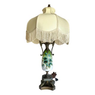 Antique Victorian Revival Hand-Painted Floral Glass Table Lamp With Dolphin Supports For Sale