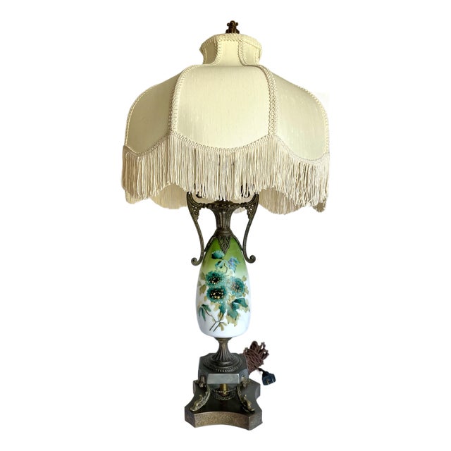 Antique Victorian Revival Hand-Painted Floral Glass Table Lamp With Dolphin Supports For Sale
