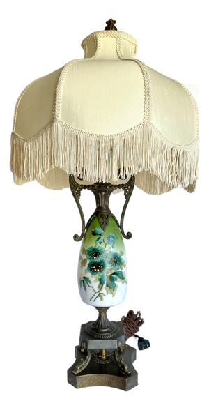 Antique Victorian Revival Hand-Painted Floral Glass Table Lamp With Dolphin Supports