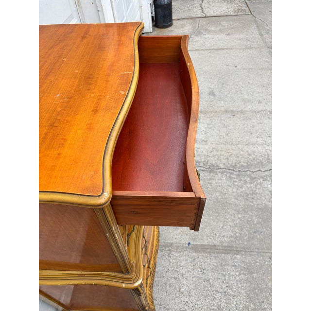 Gold Vintage French Provincial Bombe Highboy Dresser With Inlaid Wood & Gilt Trim, Serpentine Front For Sale - Image 8 of 12