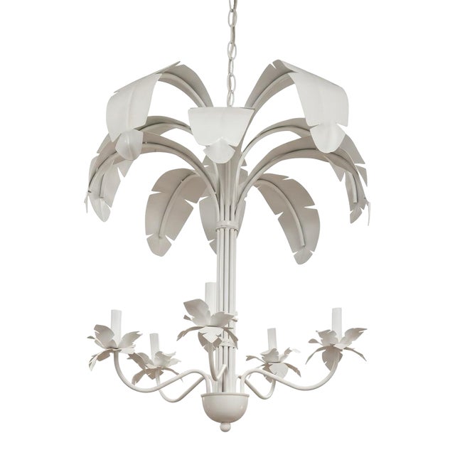 Vintage Tole Metal Newly Painted White Palm Leaf Chandelier Curated by Turtle and Crane - Dorothy Draper Style For Sale