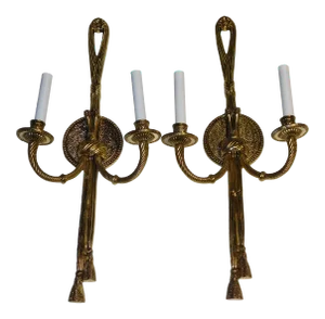1950s French Brass 2 Arm Ribbons & Bows Tassel Sconces - a Pair