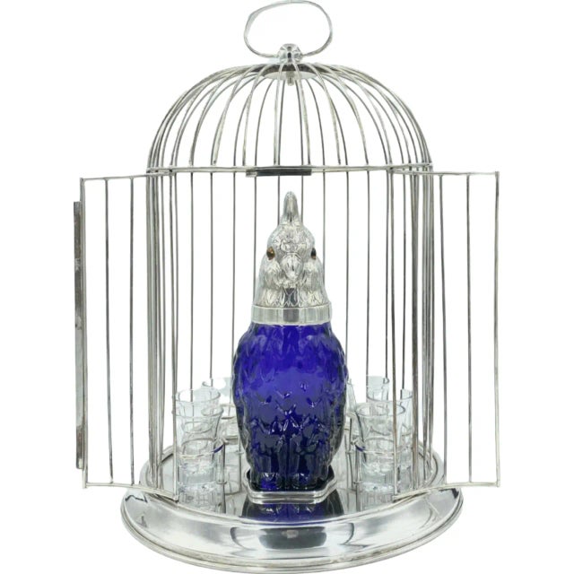 Vintage Novelty Cobalt Blue Cockatoo Bird Claret Jug Decanter Birdcage Cocktail Set- 10 Pieces For Sale - Image 13 of 13