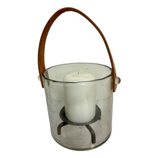 Glass Candle Holder or Ice Bucket With Leather Handle For Sale