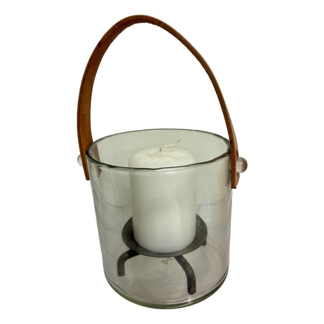 Glass Candle Holder or Ice Bucket With Leather Handle For Sale