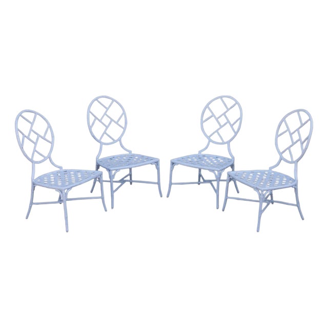 Faux Bamboo Vintage Set Of Four Cast Aluminum Patio Garden Dining Chairs For Sale