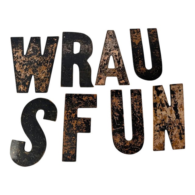 Set of 8 Vintage Distressed Black and Brown Wall Letters For Sale