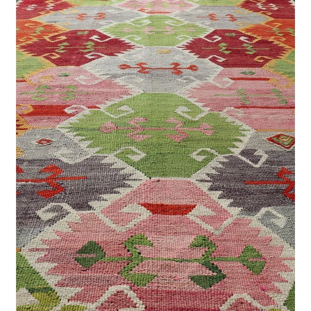 Tribal Mid 20th Century Vintage Turkish Kilim With Bright & Colorful Geometric Diamond Design For Sale - Image 3 of 12