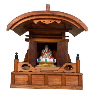Japanese Wooden Shrine of Kamidana with Monk, 1950s, Set of 2 For Sale