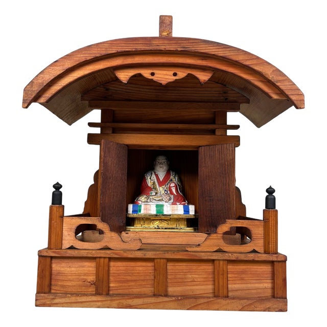 Japanese Wooden Shrine of Kamidana with Monk, 1950s, Set of 2 For Sale