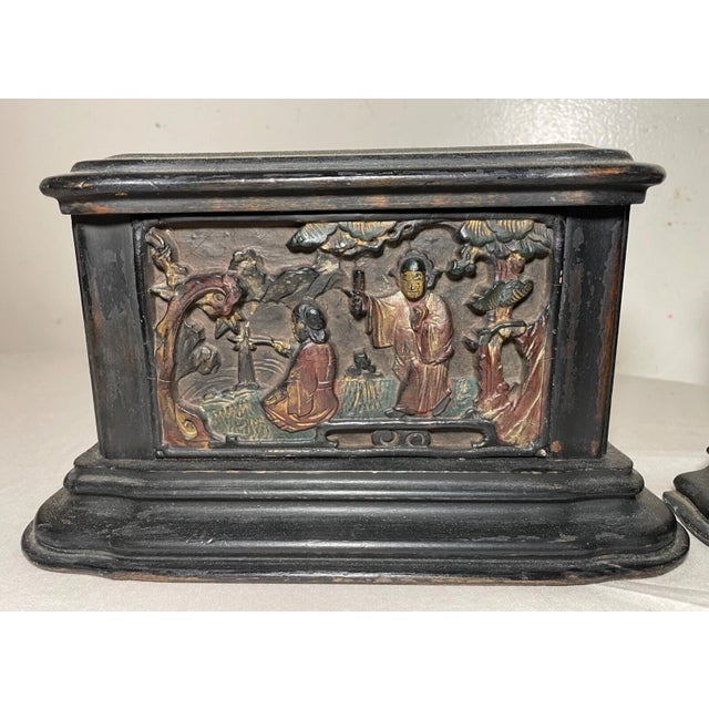 1930s Pair of Antique Chinese Asian Hand Carved Wood Figural Scene Bookends Sculpture For Sale - Image 5 of 10