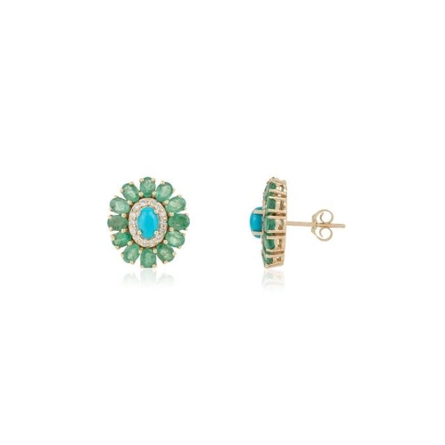 Retro 4.93 Ct Turquoise Emerald Diamond Floral Cluster Stud Earrings in 14k Gold- A Pair For Sale - Image 4 of 14