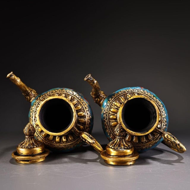1980s Gilt Bronze & Cloisonné Dragon Teapots / Ewers - Turquoise Enamel - a Pair For Sale - Image 10 of 10