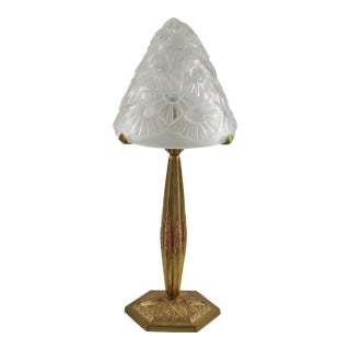 French Art Deco Lamp by Francis Hubens & Degue - 1930s Frosted Cubist Glass & Bronze For Sale