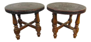 Mid-Century Aztec Design Leather & Walnut Stools - a Pair