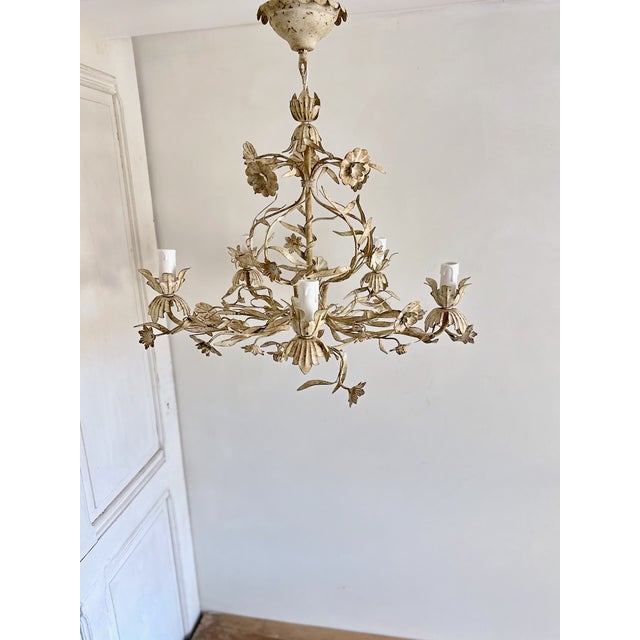 Vintage Italian Floral Tole 5-Light Chandelier in Cream Painted Metal, 1960s For Sale - Image 10 of 12