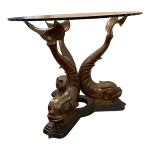 1960s Vintage Bronze Dolphin Base Round Glass Top Center or Dining Table