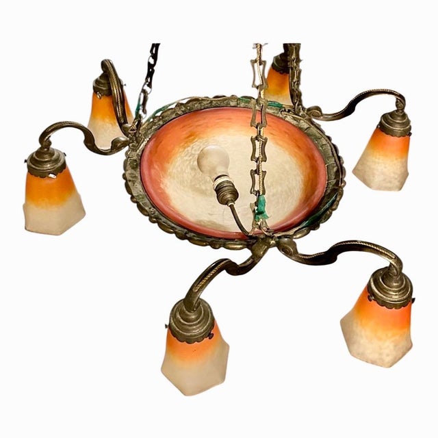 French Art Deco Glass 7-Light Chandelier from Schneider, 1920s For Sale - Image 4 of 6