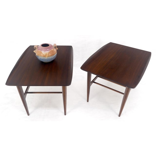 Pair American Mid Century Modern Walnut Rolled Edges End Side Tables MINT! For Sale - Image 9 of 13
