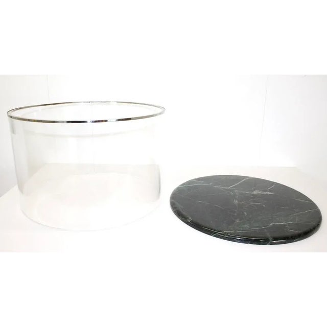 Mid-Century Modern Lucite Cylinder Coffee Table With Green Stone Top For Sale - Image 3 of 5